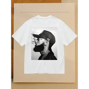 Men's White Cotton Oversized T - Shirt|   Street - Style Black - And - White Portrait Graphic|   Hip - Hop Fashion Casual Top