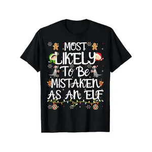 Men's Funny Elf Costume T-Shirt - Most Likely to Be Mistaken for An Elf with Gingerbread & Dino Elves Graphic, 100% Crew Neck Short Sleeve Tee, Christmas Party Outfit for Xmas, Casual Year-Round Wear for holiday & Everyday Use