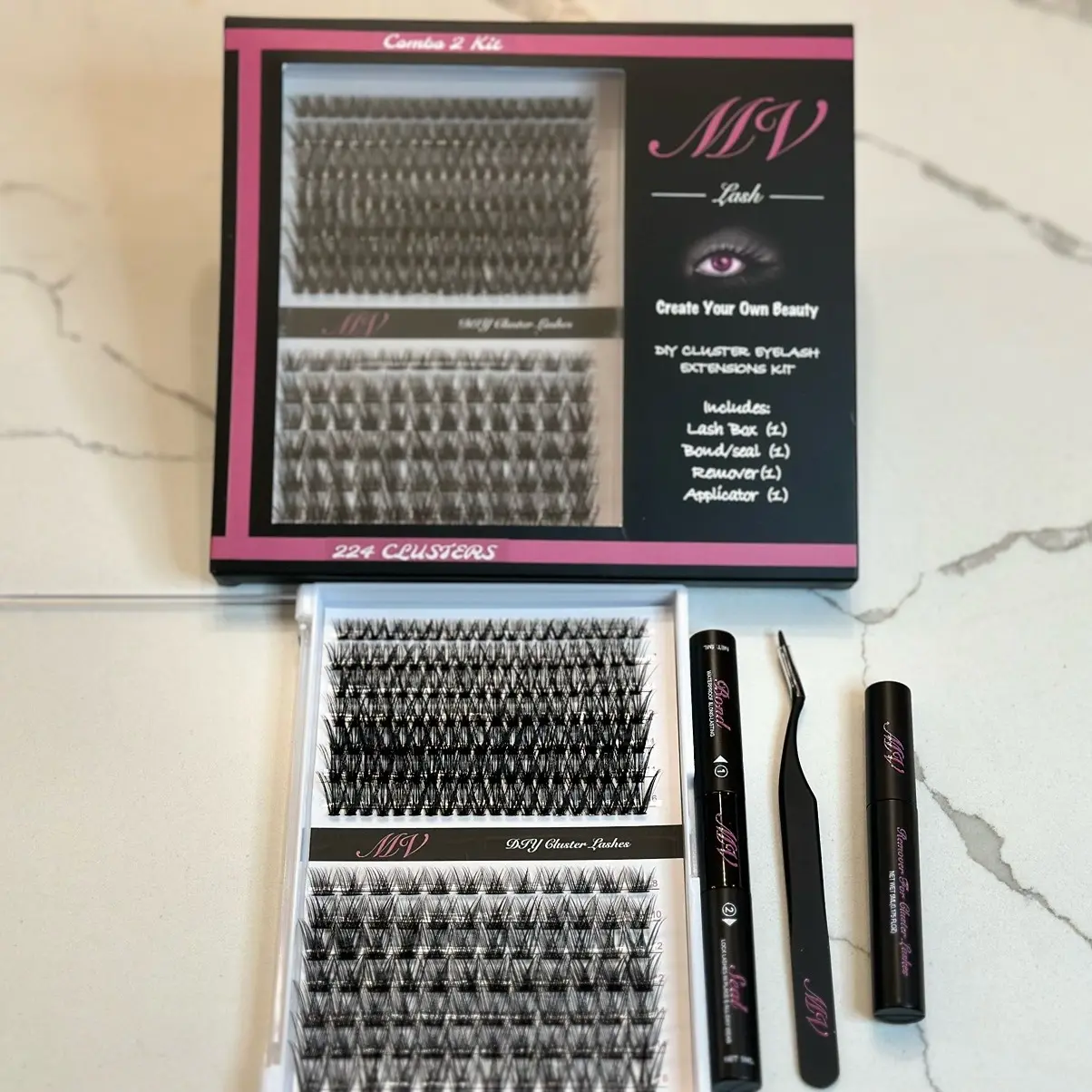 MV Lash “Combo 2 Kit” DIY Cluster Lash Extensions Combo Starter Kit. Includes 2 styles of cluster lashes, 224 Cluster, Bond/Seal, Remover, & Applicator. 8-16mm Eyelashes Makeup Eyelashes Extensions Eyelash Extension