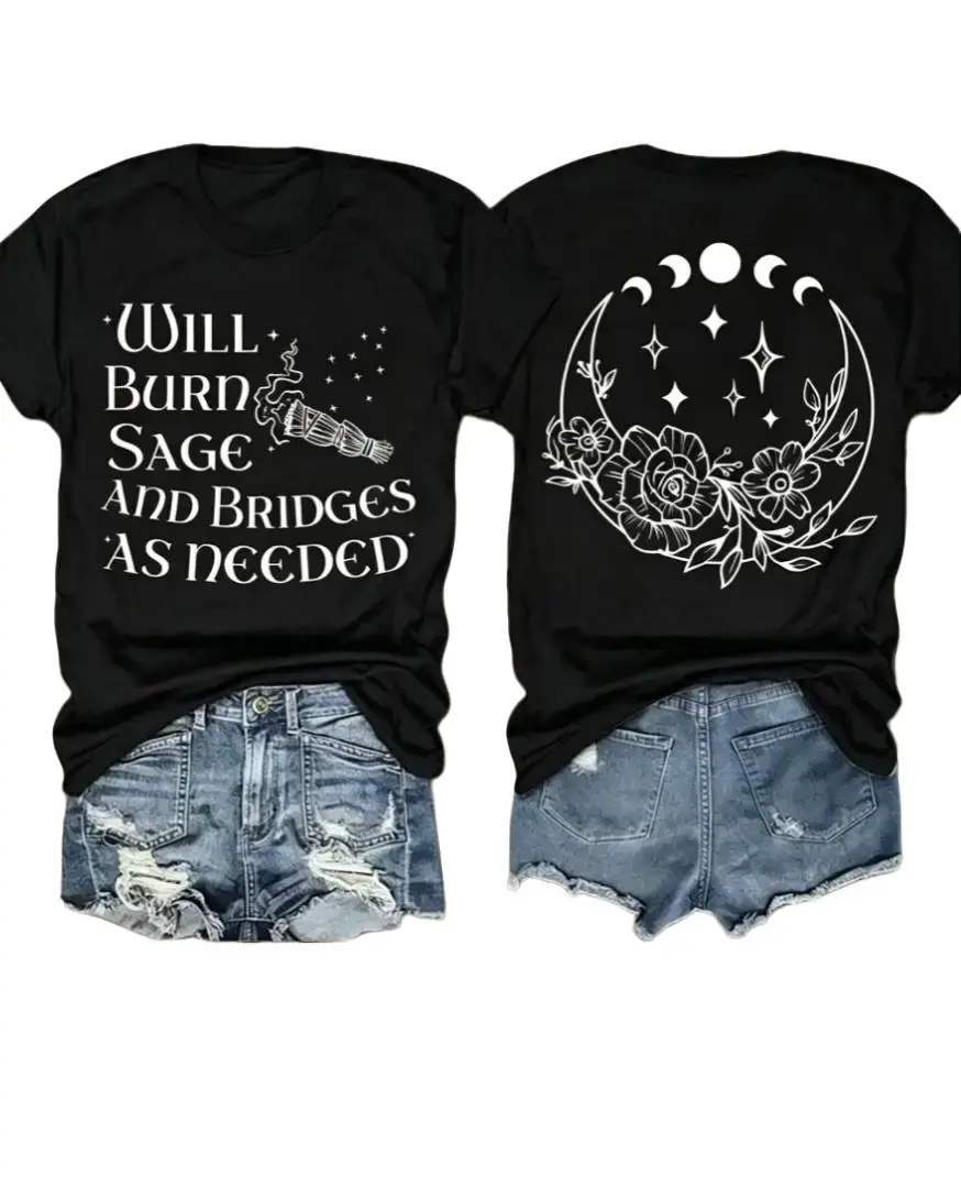 Men's 100% Cotton Black Short-Sleeve T-Shirt - Double-Sided Moon Phase Floral Rose, Witchy Boho Mystical Casual Top, Independent Women's Sassy Quote Holiday Gift, Denim-Shimmer Linen Accents, Wide-Leg Outfit Pairing
