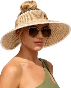 Women's Raffia Straw Sun Hats Wide Brim Beach Visor Ponytail Hat Packable UPF 80+ Vacation