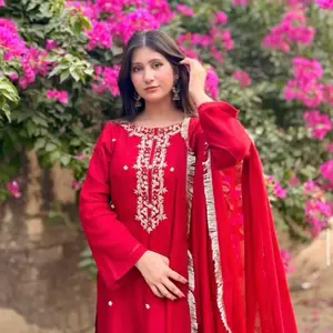 Beautiful 3pc suit with gota work hand made soft khadi net fabric with raw silk trouser
