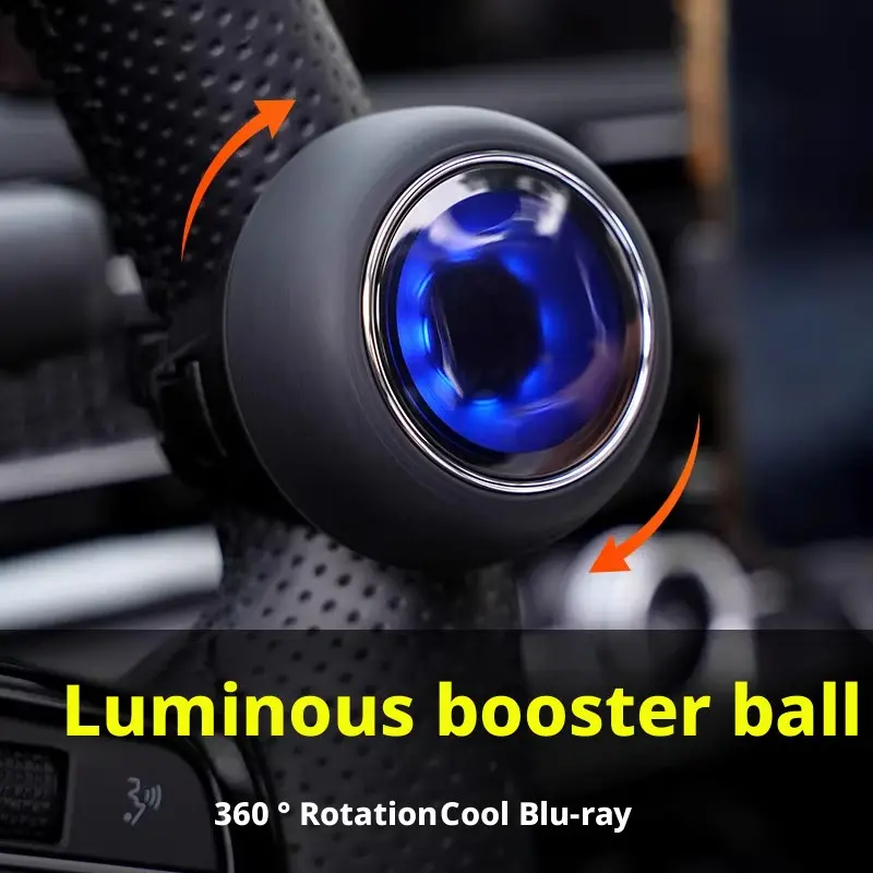 360 Degree Rotating Luminous Blue Light Steering Wheel Booster Spinner Knob, Anti-Slip Silicone Car Steering Power Assist Ball, Universal Easy Clip On Vehicle Turning Helper Auto Interior Mod Accessory