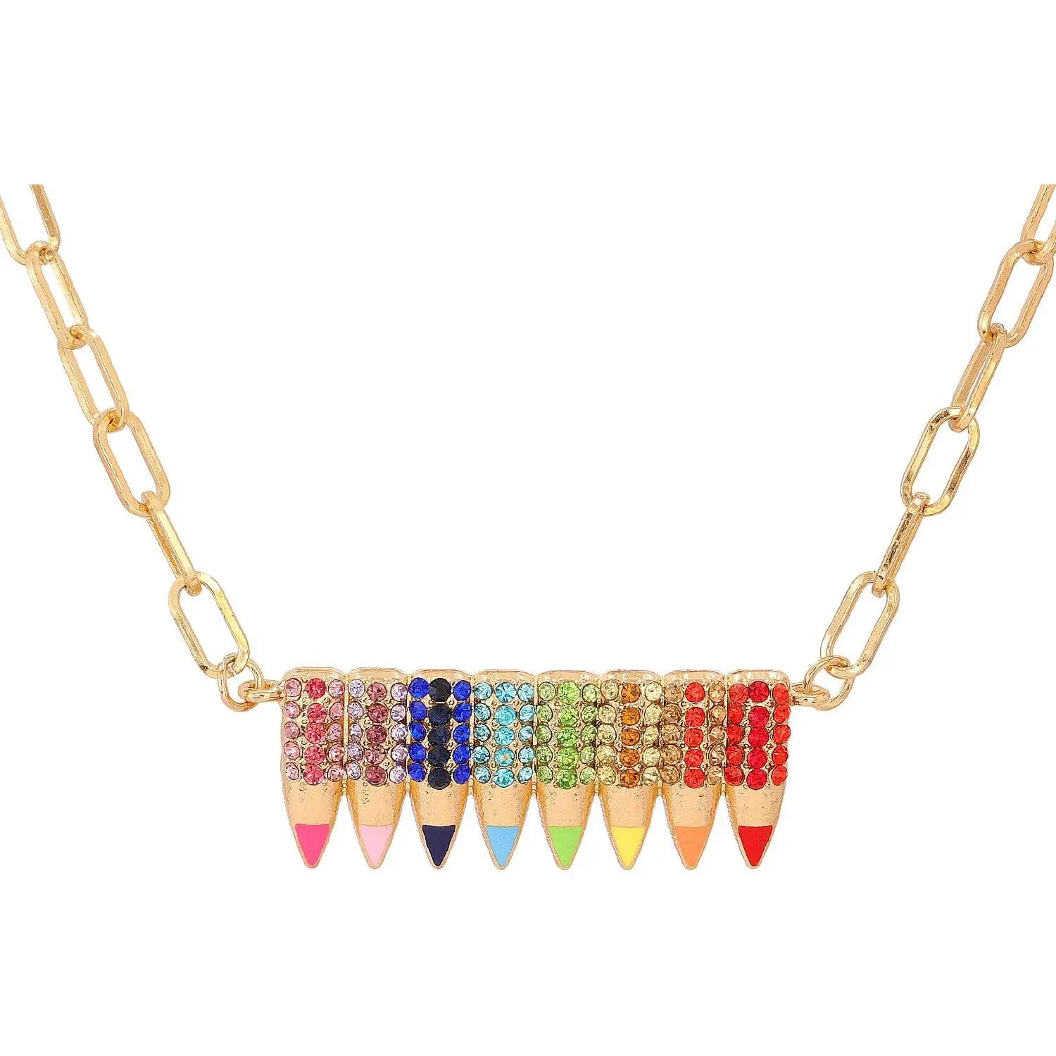 Colorful Funny Pencil Crystal Pendant Necklace Rhinestone Shining Teacher Professors Students Back To School for Women Rainbow Teacher's Day Gift