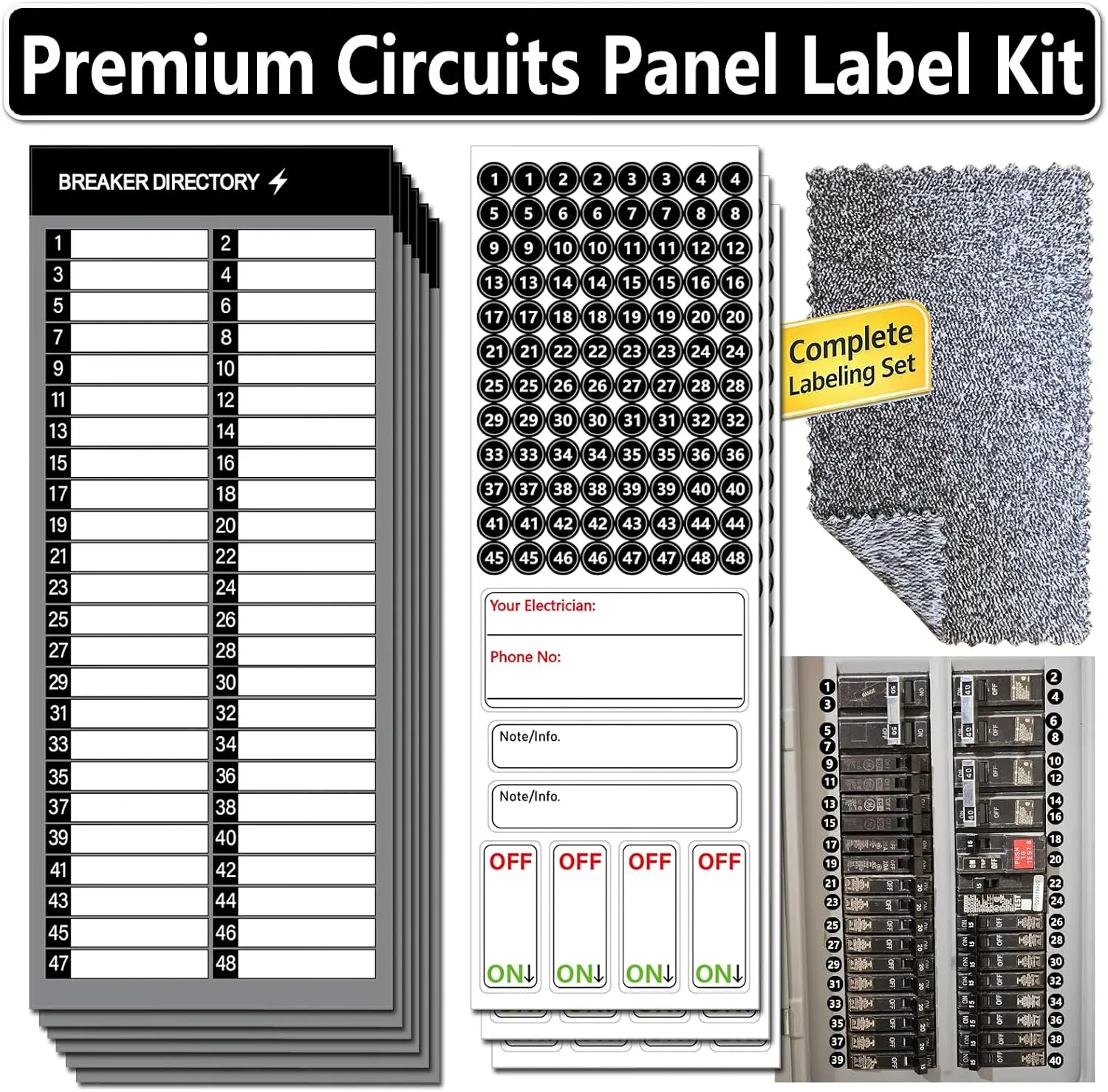Electrical Panel Labels Kit, 48 Circuit Breaker Labels with Cleaning Cloth | Waterproof vinyl breaker labels & stickers for electrical panels, with directory sheet, strong adhesive and cleaning cloth.