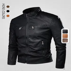 [Vintage Motorcycle Jacket] Vintage Style Men's Jacket - Long Sleeve, Stand Collar, Regular Fit, Solid Color, Zipper Closure, Polyester Lined, Woven Fabric, Casual Wear