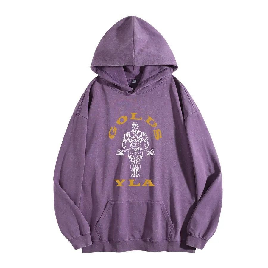Harleyland Unisex Vintage Loose Hoodie 100% Cotton Acid Wash Long Sleeve Top Gold Letter Bodybuilder Gym Graphic Drop Shoulder Baggy Pure Cotton Pullover Hoodie For Casual Outdoor Daily Streetwear Summervibes