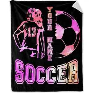 Customized Soccer Football Blanket with Name - Soft Fuzzy & Warm Throw - Personalized Gift for Her, Girls, Women, Daughter - Couch Bed Office Use - Black