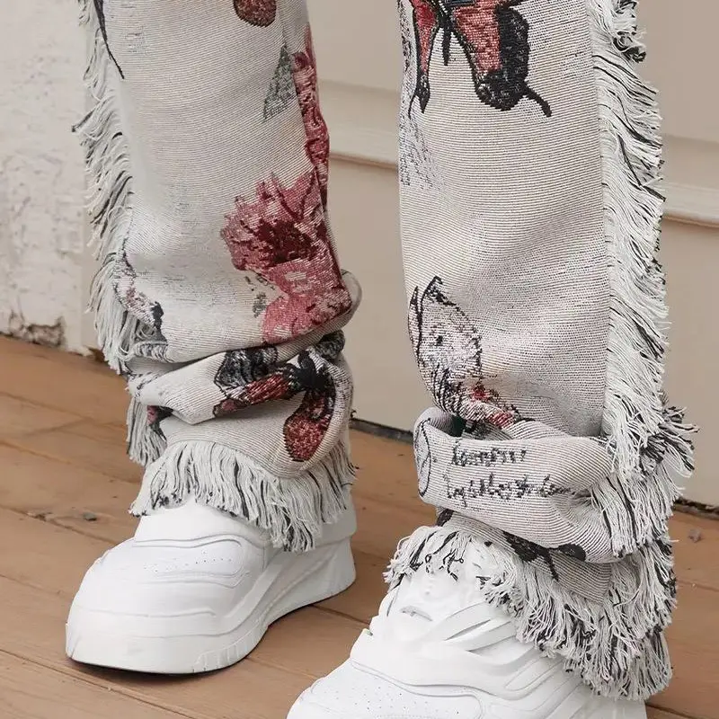 Men's Cotton Denim Regular Leg Jeans - H-Type Loose Fit, Funky Bold Graphic Floral Digital Print, Multi-Pocket, Fringed Hem, Long Length, Zip Closure, Party Streetwear Clothing