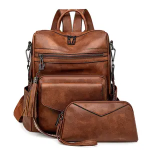 Vintage Brown Leather Backpack Set (2PCS) – Tassel Zipper Multi-Pocket
