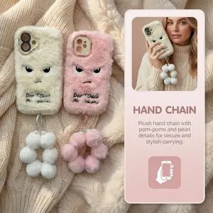 Winter Warm Plush Embroidered Angry Eyes Phone Case for iPhone 17 16 15 14 13 12 11 Pro Max, Cute Aesthetic Soft Material Hang Strap, Ideal Holiday Gift for Anime Fans