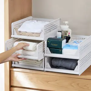 VECELO 4 Pack Foldable Wardrobe Organizers, Stackable Shelf Baskets, Spice Organizers, Cloth Wardrobe Organizers, Home Office Bedroom Laundry Room Folding Pull-Out Dividers for Clothes, Toys, White