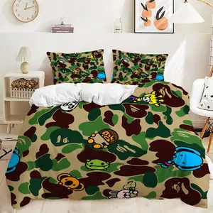 Colorful Cartoon Characters on Camouflage Duvet Cover Set, Fun and Playful Bedding Set for Kids' Room, Soft Fabric and Easy Care, Perfect for Whimsical Bedroom Decor, Contains 1 duvet cover, 1 or 2 pillowcases (without filling), Quilt Cover Set