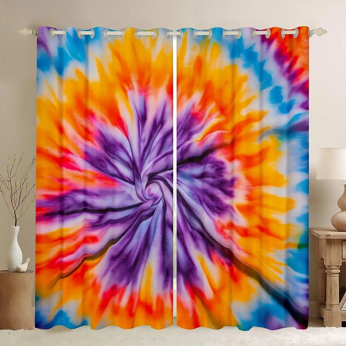 Tie Dye Curtains Boho Swirl Curtain for Bedroom Trippy Orange Blue Purple Tie Dye Thermal Curtain Hippie Bohemian Window Treatment Draperies Colorful 2 Panels