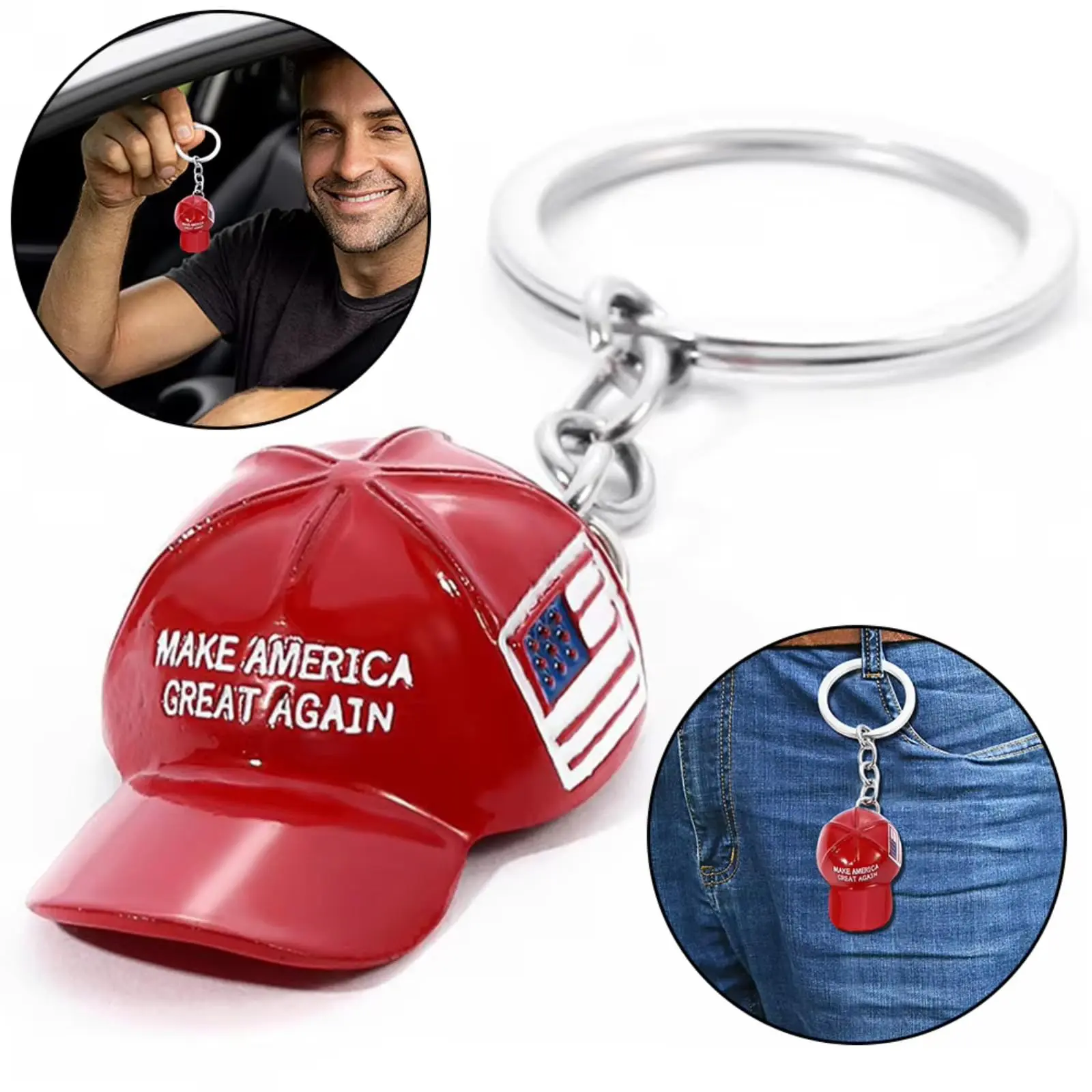 1pc Women Men Cartoon Style Alloy Keychain, Red Hat Design with "Make America Great Again" Lettering Ideal for Birthday Gift