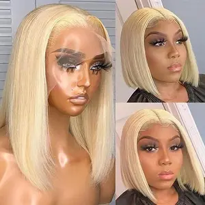 13x4 Glueless 613 Bob Wig Luxury Human Hair 180% Density Smooth Straight Style No Tangle Pre Plucked With Baby Hair HD Transparent Lace Front Wig 12 Inch