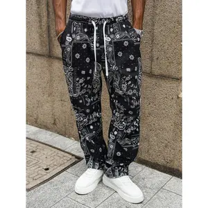 Bandana Print Wide-Leg Pants | Black & White Paisley Streetwear Track Bottoms