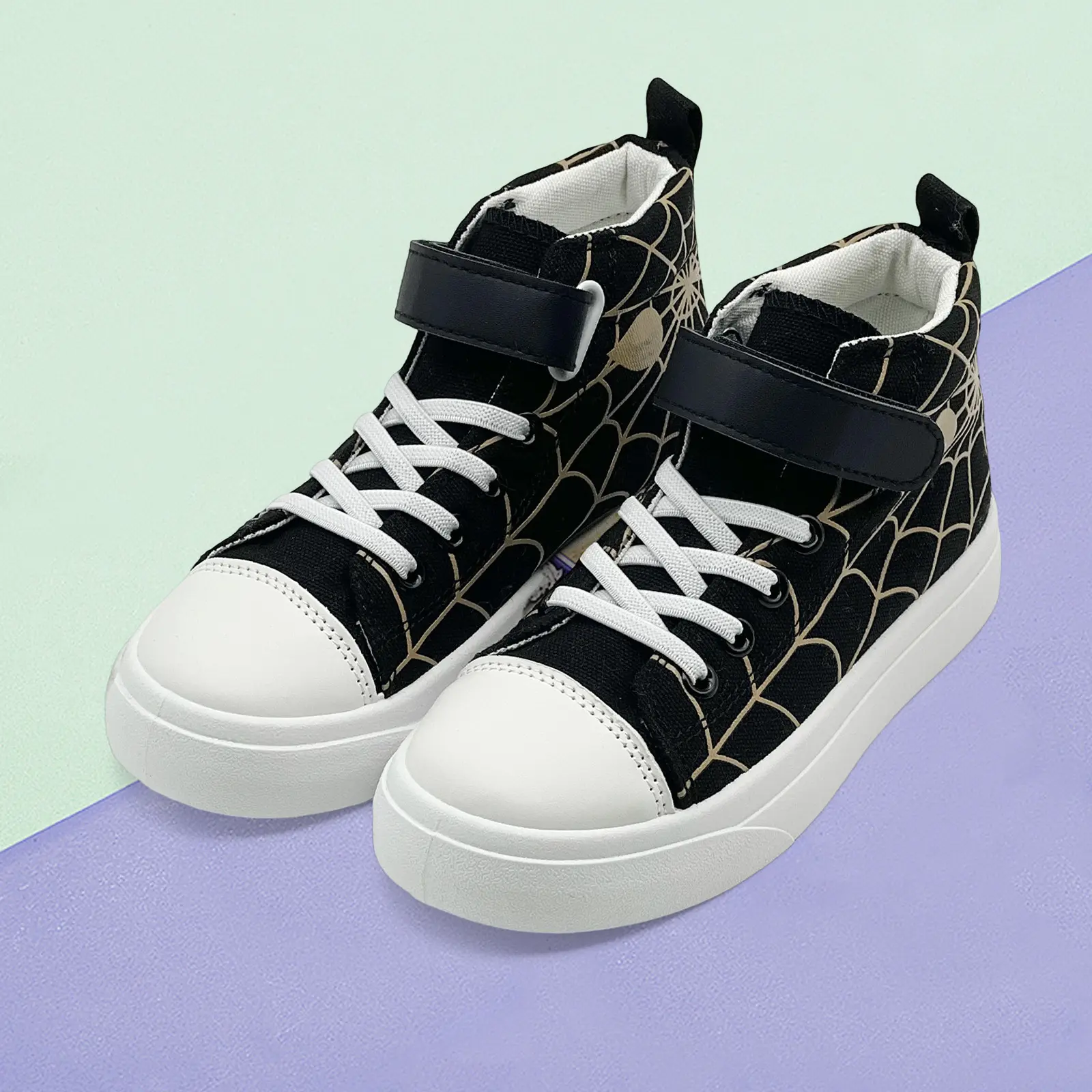 Lumubby Kids' High-Top Trainers - Round Toe, Hook-Loop Elastic Closure, Breathable, Lightweight, Slip-Resistant Soles, Spiderweb Print, Snug-Fit Casual Shoes for Boys Girls, Everyday, Hook-Loops, Anti-Skid, Outdoor/Indoor, Anti-Slip Outsoles Trainers, Mul