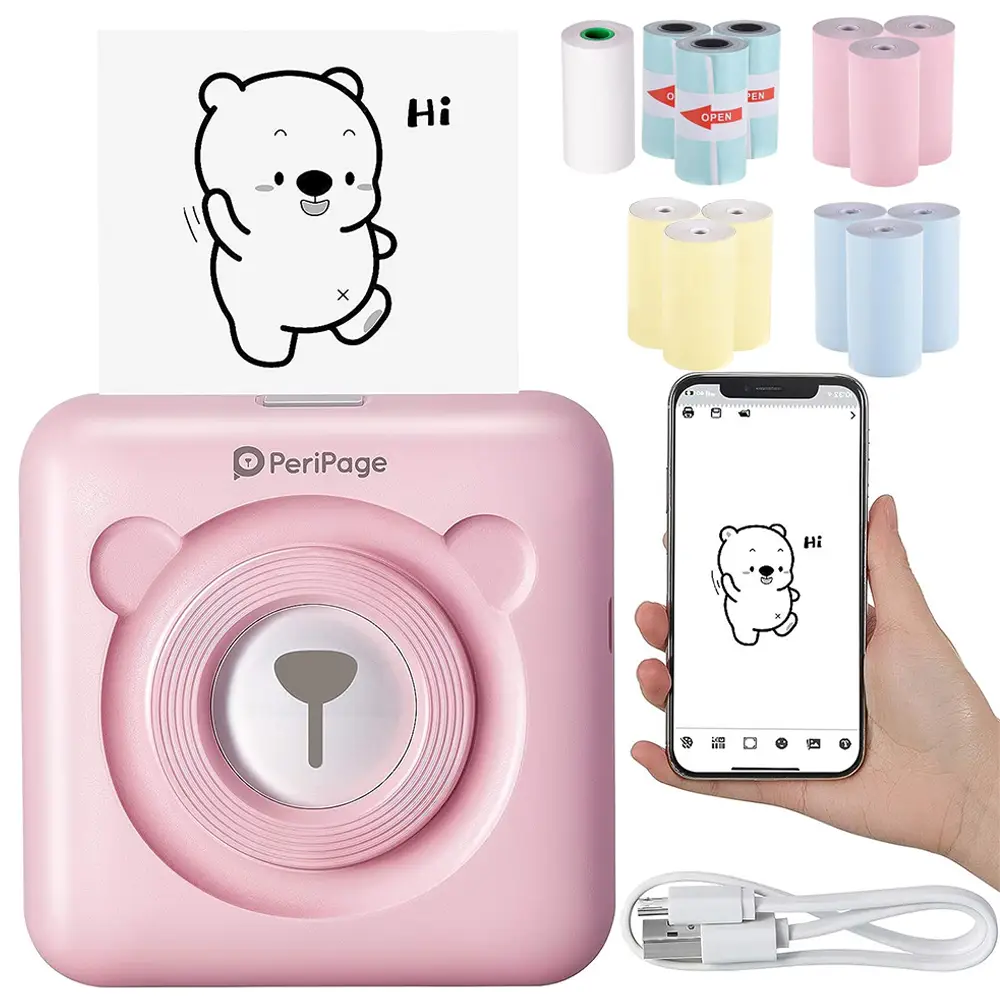 PeriPage A6 Mini Pocket Printer Wireless BT Thermal Printer Picture Label Memo Receipt Paper Printer + 9 Rolls Color Thermal Paper + 3 Rolls Adhesive