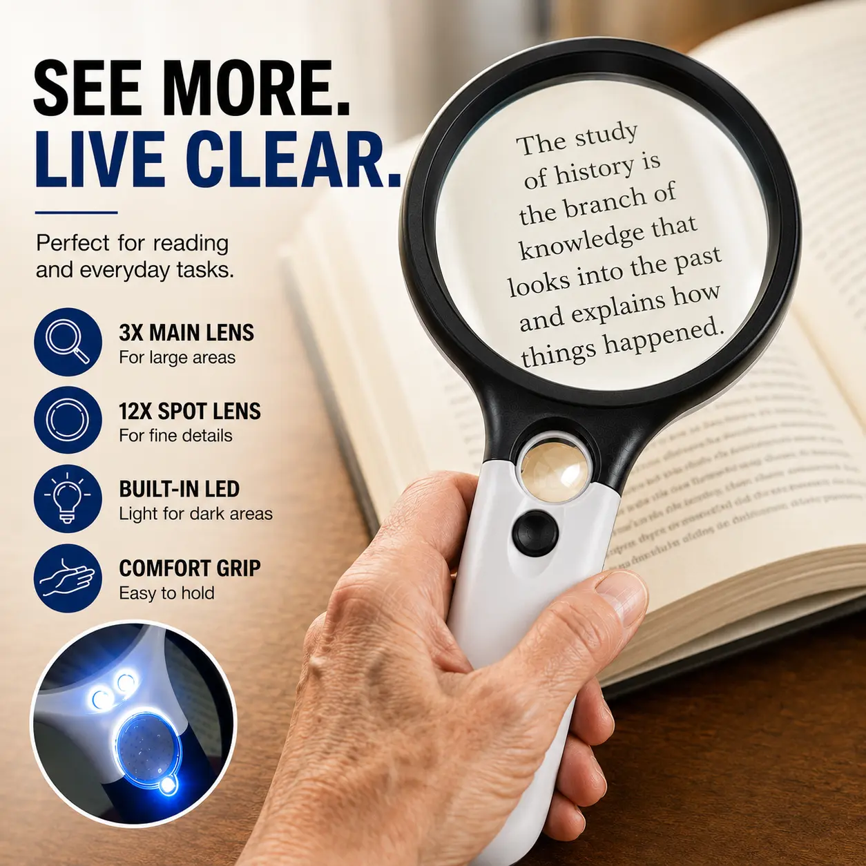 Portable Magnifying Glass with Illumination - 3X/45X Zoom Illuminated Handheld Magnifier, 3 LED Lights, 75mm Large Lens for Seniors Reading, Small Print Exploration