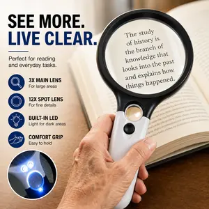 Portable Magnifying Glass, 3X/45X Illuminated Handheld Magnifier with 3 LED Lights, 75mm Large Lens for Seniors Reading, Small Print, Coins & Jewelry Exploration