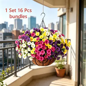 16 Bundle Artificial Hanging Plant Flower Basket, UV Resistant, Summer Outdoor Decor, DIY Assembly, Porch Courtyard Balcony Yard