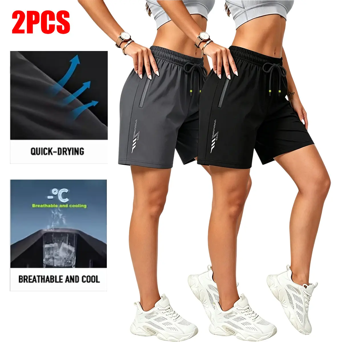 2-piece set, women’s athletic shorts — lightweight, quick-drying casual shorts with zippered pockets, elastic waistband with drawstring; breathable summer sportswear suitable for running, fitness, hiking, and everyday wear. Women’s shorts.