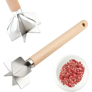 304 Stainless Steel Meat Chopper,6 Blade Ground Beef Masher with Wooden Handle, 11 Inch Potato Masher, Metal Meat Masher for Kitchen, Kitchen Utensils