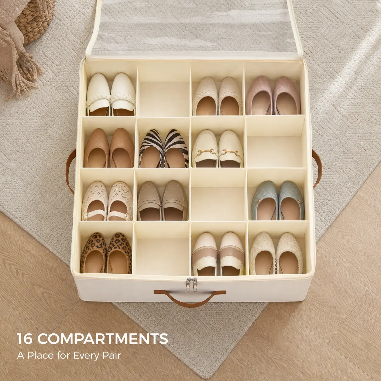 Shoe Storage Organizer with Clear Lid, Foldable Fabric Closet Box with 16 Adjustable Dividers, Reinforced Side Panels, Sturdy Bottom and 3 Handles, Holds Up to 16 Pairs of Sneakers, Flats, Loafers and Sandals for Entryway, Bedroom and College Dorm