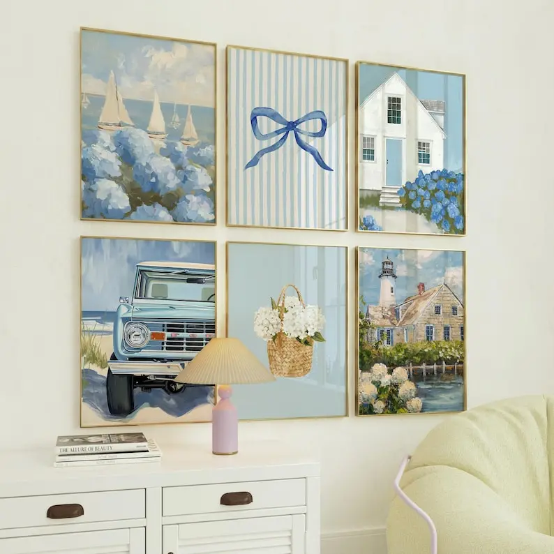 Coastal Gallery Wall Set of 6, Blue Hydrangea Beach Wall Art, Nantucket Coastal Decor, Beach House Prints, East Coast Art