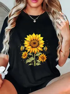 100% Cotton Vintage Sunflower Graphic T-Shirt Casual Graphic Printed Tee