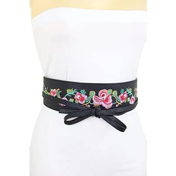 Women Wide Faux Leather Kimono Fashion Wrap Around Tie Belt Waist Flower S M Black
