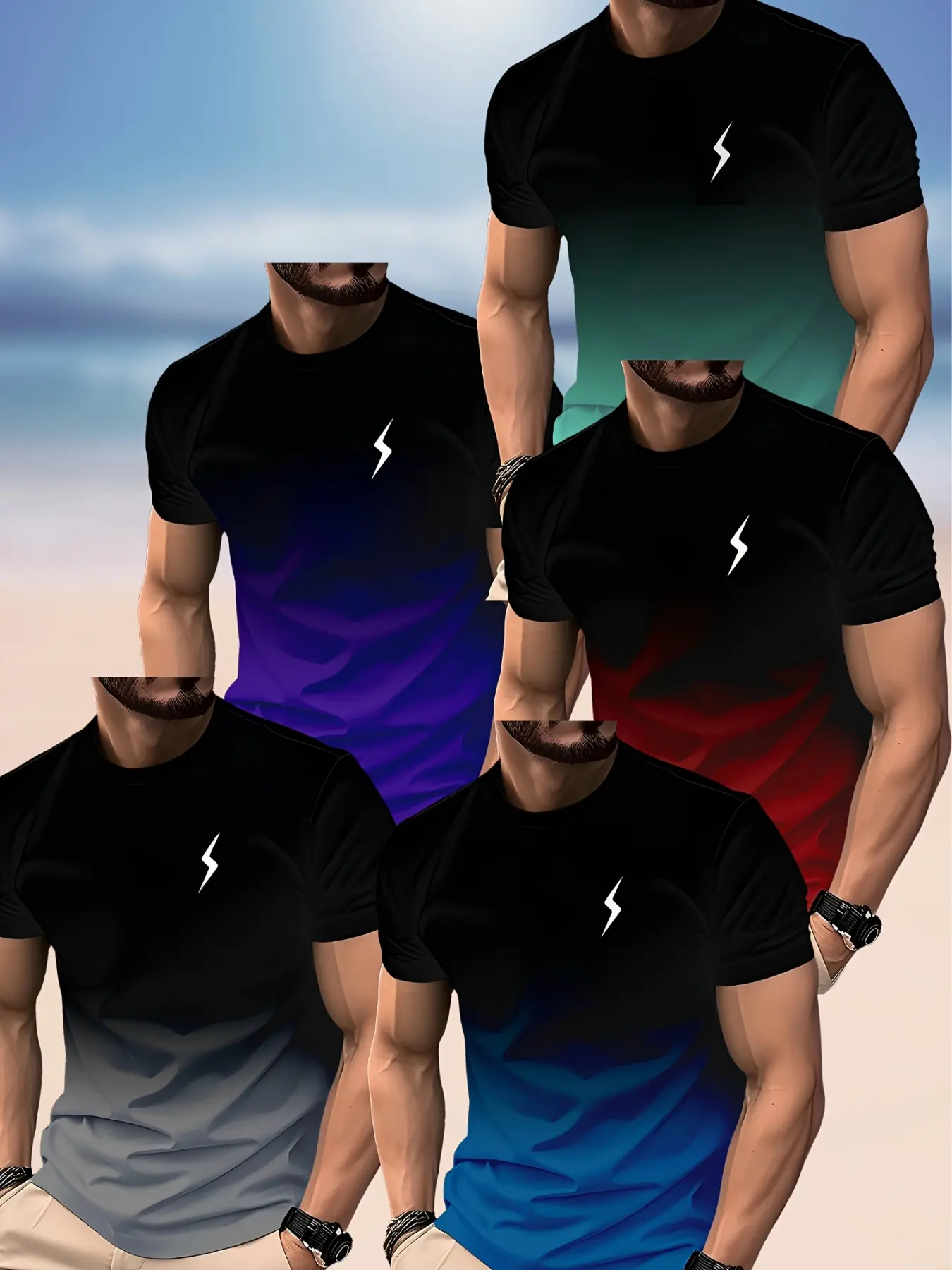 5pcs Men's Gradient Lightning Print T-Shirts, Classic Short Sleeve Crew Neck Tees, Summer Outdoor Tropical Streetwear Men's Clothing