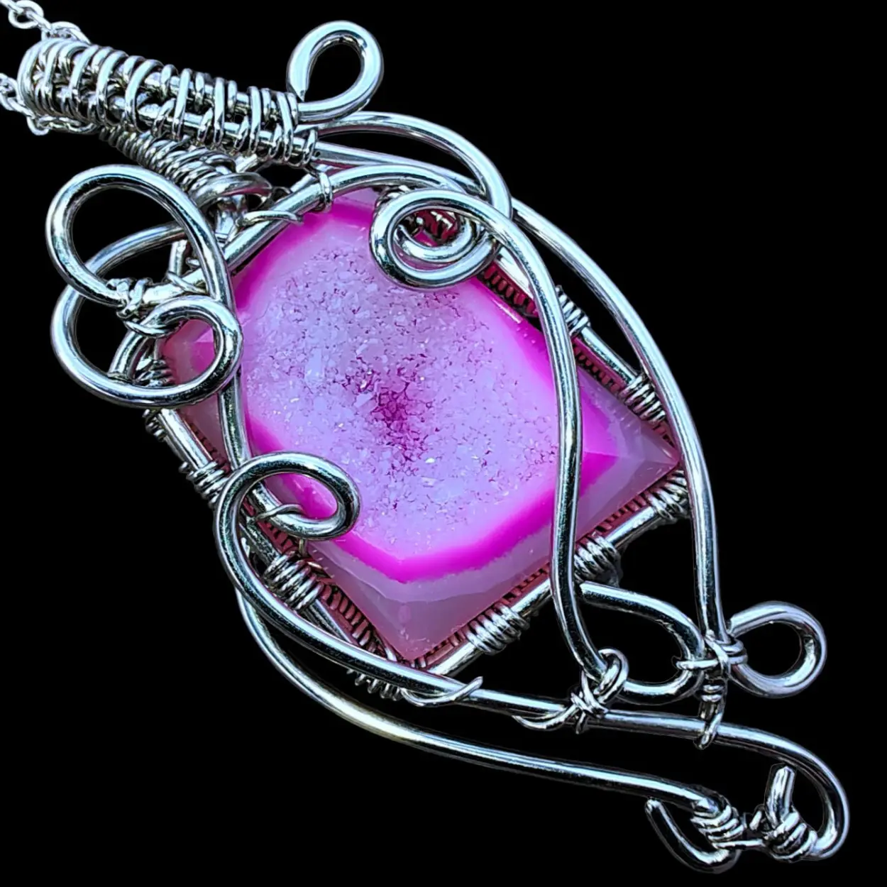 Pink Druzy Drusy Agate Chalcedony Quartz Geode Crystal Crystal Elven Elvish Victorian Fantasy Wire Wrapped Gemstone Pendant Necklace Amulet