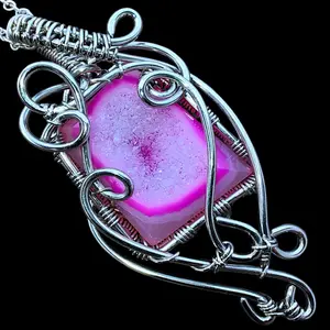 Pink Druzy Drusy Agate Chalcedony Quartz Geode Crystal Crystal Elven Elvish Victorian Fantasy Wire Wrapped Gemstone Pendant Necklace Amulet