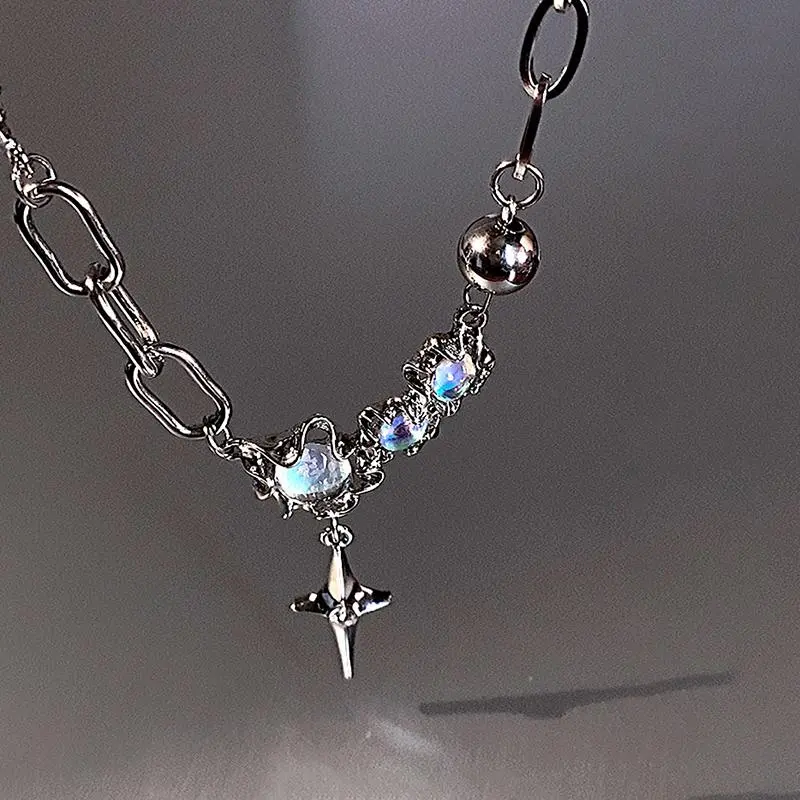 JWER Trendy Bling Moonstone Star Cross Pendant Necklace for Women Punk Hip Hop Star Chain CrystalNecklace Party Y2K Jewelry Gift