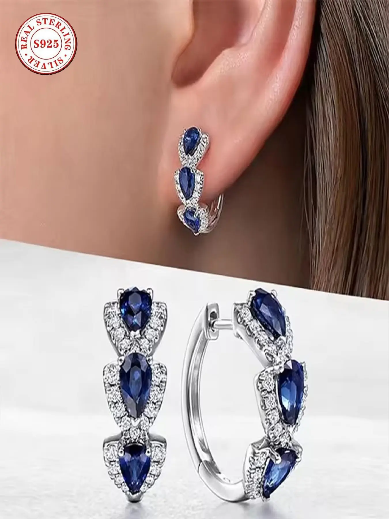 925 Sterling Silver Teardrop Fashionable Hoop Earrings for Women, Hypoallergenic Created Sapphire/Ruby/Emerald CZ Huggie Hoops, Lightweight Statement Earring Jewelry Gift, High Quality Earrings, Dainty Lightweight Hoops