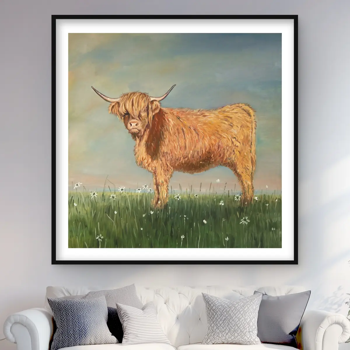 212 MAIN 48x48 in Rustic Framed Matted Highland Cow Decorative Print - Daisy Artwork, Cute Fluffy Design, Modern Farmhouse Decor, Gallery Wall Accessory, Home Supplies Gift, Cute Cow Design