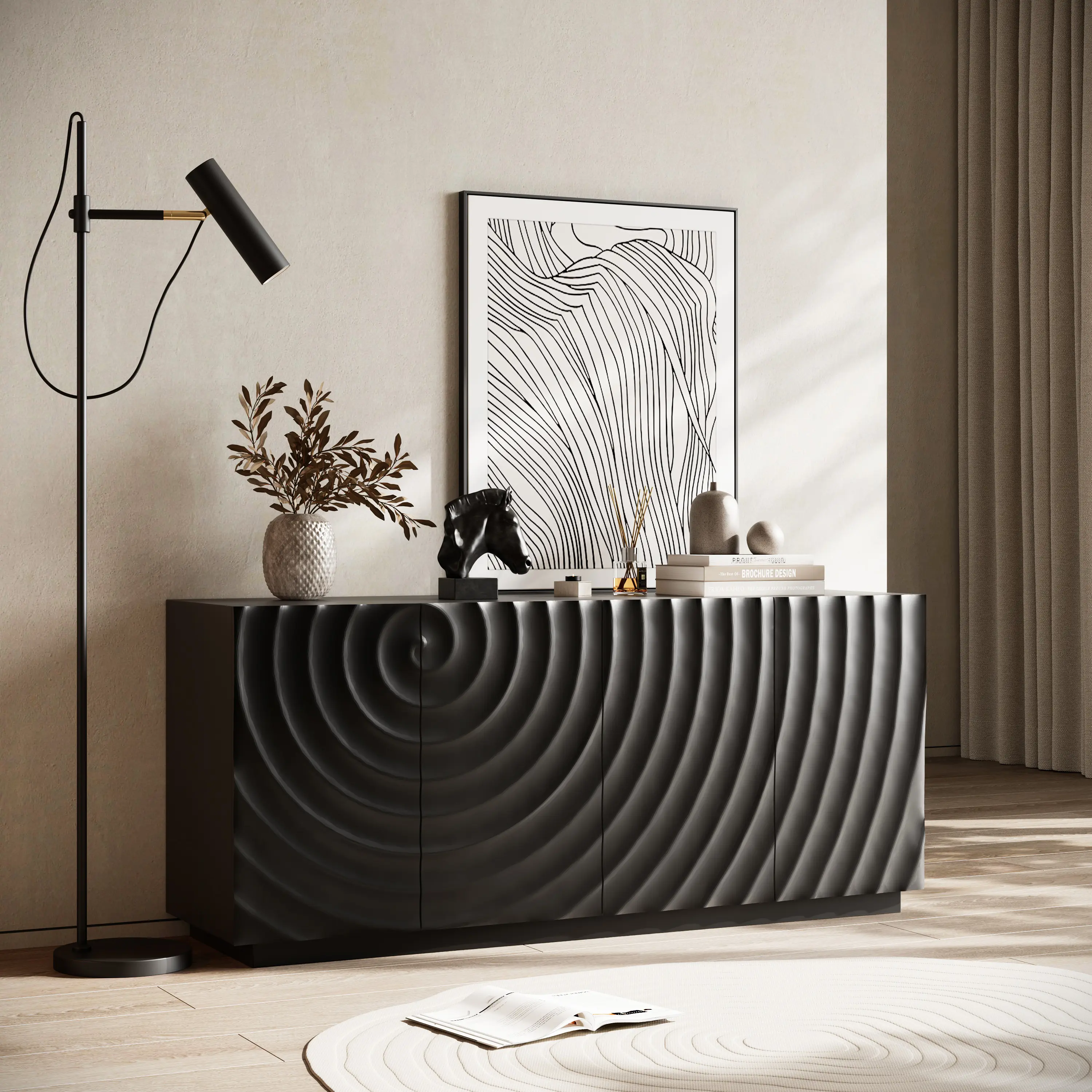 Modern Art Black Spiral Texture Accent Cabinet - Storage Sideboard Buffet Cabinet for Stylish Home Decor