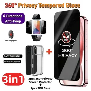 3in1[2pcs 4 Way 360° Privacy Screen Protector+1pcs Phone Case],Compatible iPhone 17 Air/17 Pro Max/17 Pro/17/16E/16/15/14/Plus/13/12/Mini/11/X/XS/XR/XS MAX,Full Coverage,9H Hardness,Anti-Scratch,Anti-Peep, Edge Protection,Smooth Touch,Easy intall