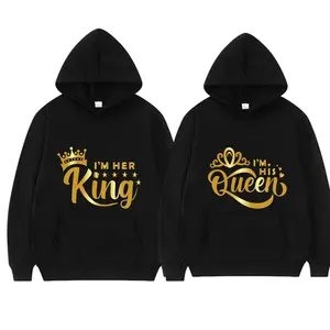King and Queen Matching Couple Black Hoodies Unisex Shiny Gold Design Fitted All Seasons Womenswear Coordinate Clothing Elegance Polyester Style