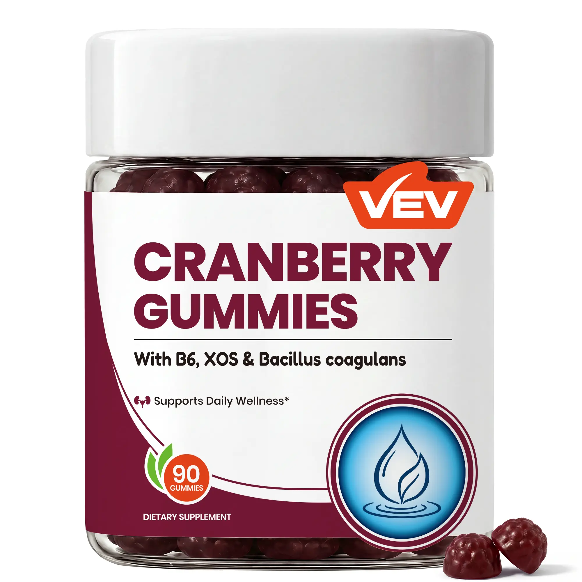 VEV Cranberry Gummies with XOS Prebiotic, Bacillus coagulans Probiotic & Vitamin B6 – 90ct