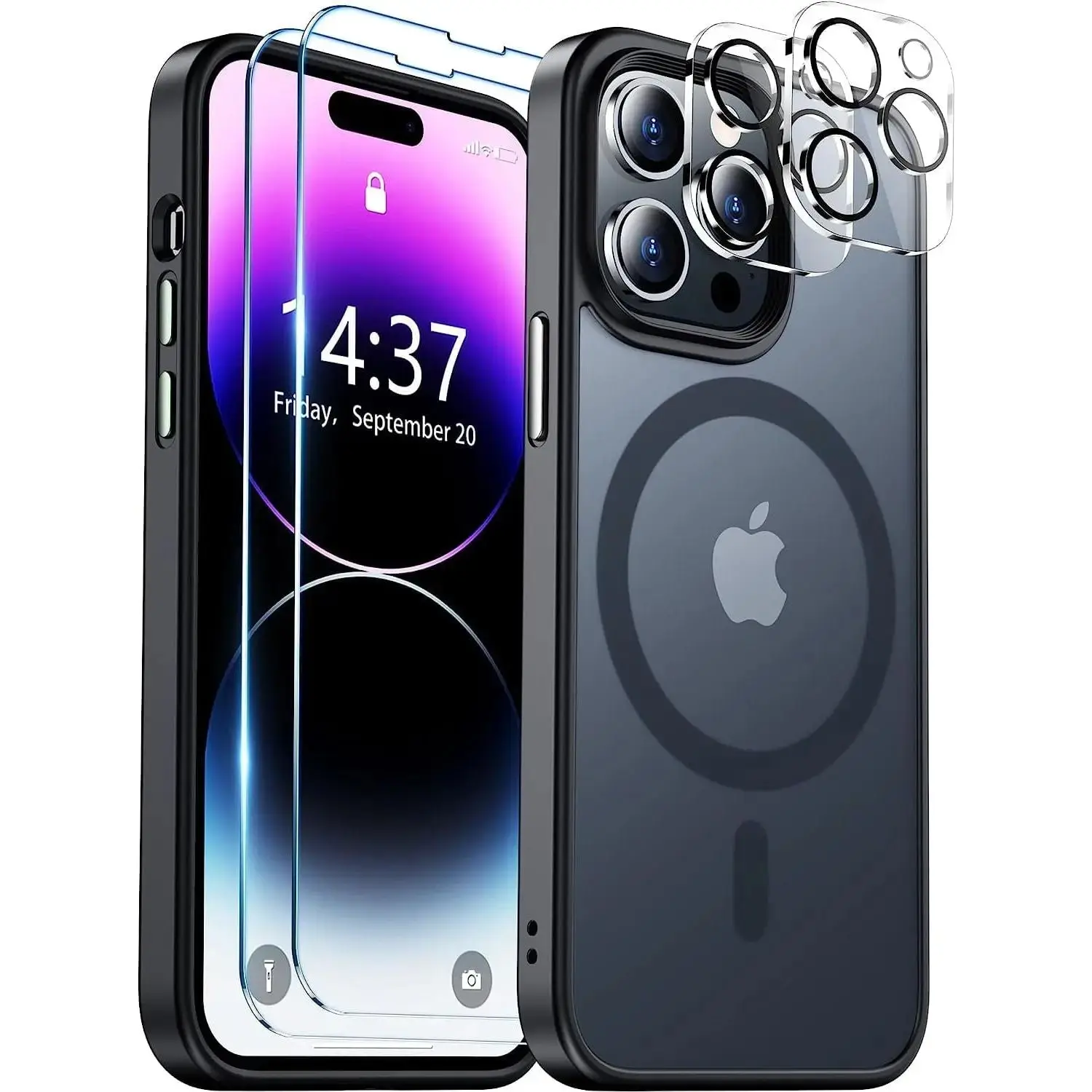 Entronix Case 5 in 1 Bundle for iPhone 15 Pro Max - Clear Magnetic Case with 2 Tempered Glass & 2 Camera Lenses, Shockproof, Wireless Protector