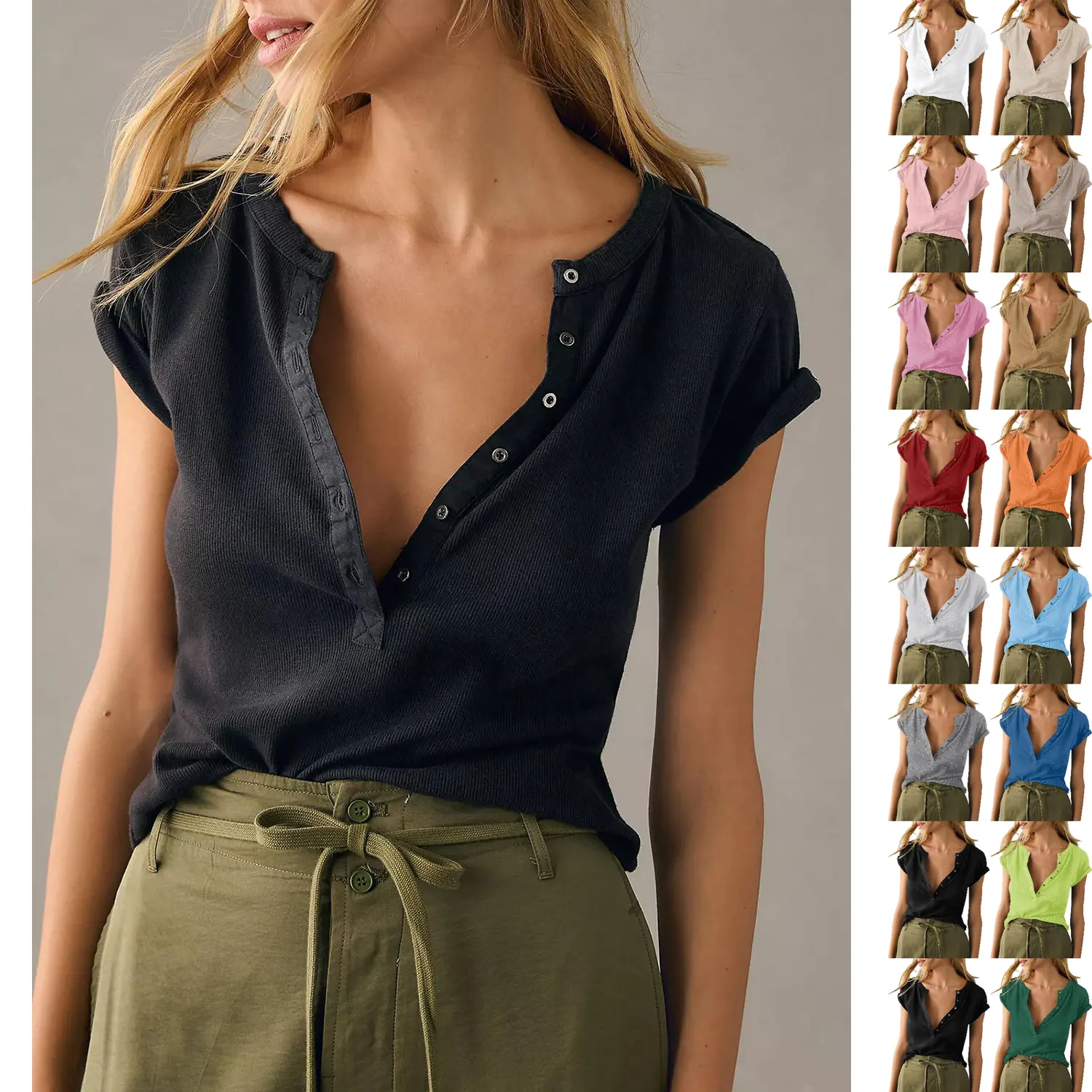 Goranbon Women's Deep V Neck Low Cut Ribbed Knit Henley T-Shirts - Light Summer Short Sleeve Casual Tees, Versatile for Dressy Looks, Pairable with Skirts, Cardigans, Jackets, Basic