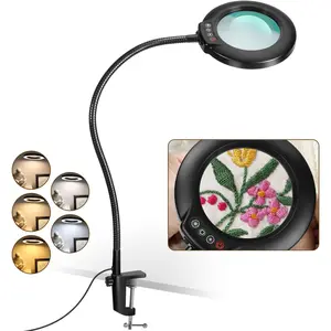 10X Magnifying with Light and Clamp, 23" Gooseneck 5 Color Modes Stepless Dimmable LED Desk Lamp, Real Table Lighted Magnifier Hands Free for Craft Painting Sewing Close Work