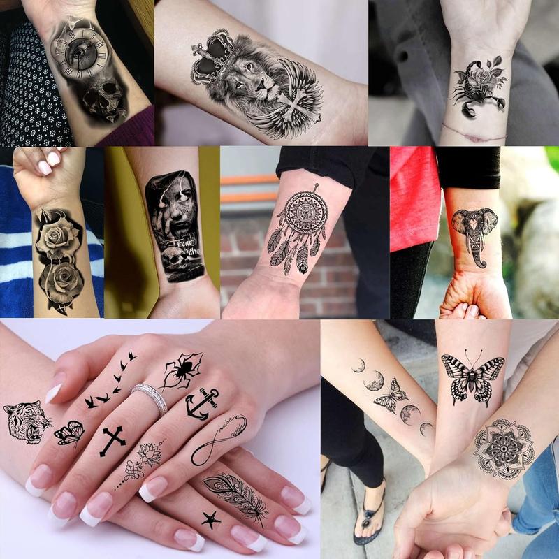 36 Sheets Temporary Tattoos Stickers, 12 Sheets Fake Body Arm Chest Shoulder Tattoos for Men or Women with 24 Sheets Tiny Black Waterproof