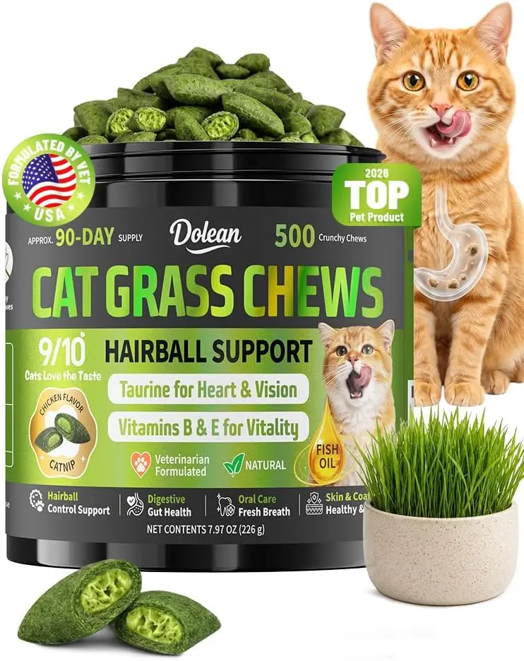 Cat Grass Treats, Hairball Treatment for Cats, Cat Grass for Indoor Cats, Fish Oil for Skin & Coat, Digestion, Taurine for Heart Vision, 500 Crunchy & Creamy Chews with Essential Vitamins of All Ages