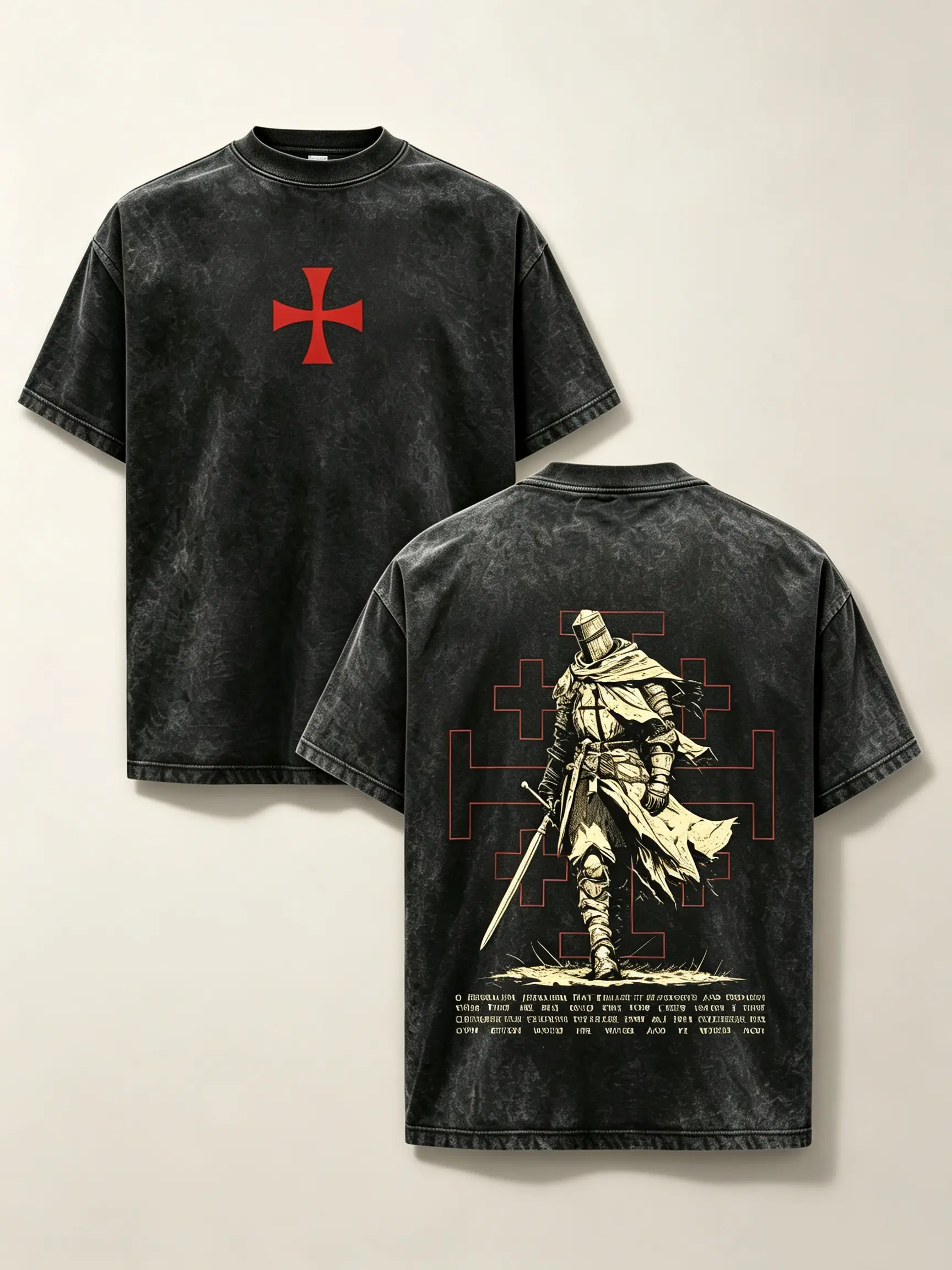 Knights Templar Vintage Acid Wash Oversized T-Shirt Front Red Templar Cross Back Crusader Knight Jerusalem Cross Bible Quote Graphic Distressed Black Unisex Cotton Crewneck Medieval Gothic Tee Gift For Faith Medieval Streetwear Fans Casual Outfit