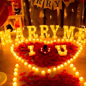 Marry Me Light Up Letters Proposal Decorations with 24 Flameless Candles 2000 Red Rose Petals & 30 Red Balloons for Valentine's Day Wedding Romantic Night Led Lantern