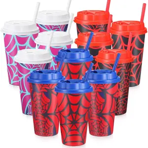 12 Pcs 16 oz Spider Cups Bulk, Spider Birthday Party Favors Cups with Lids and Straws, Plastic Cup for Birthday Party Decorations Celebration Party Favor Supplies for Friends